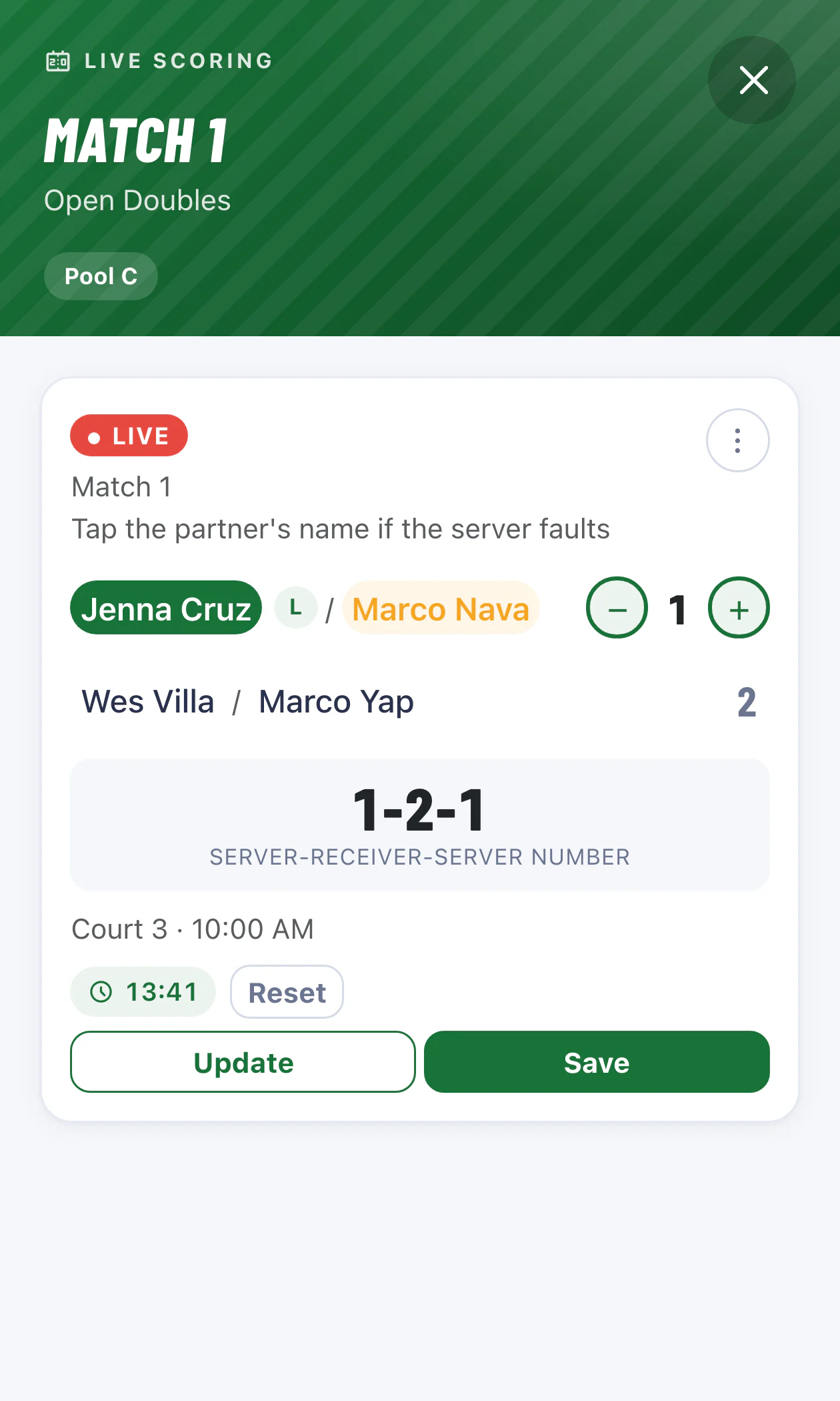 Speedup live scoring on a phone: a live pool match with the serving player highlighted, R/L court side, score steppers, server-receiver-server number, match timer and Update / Save buttons