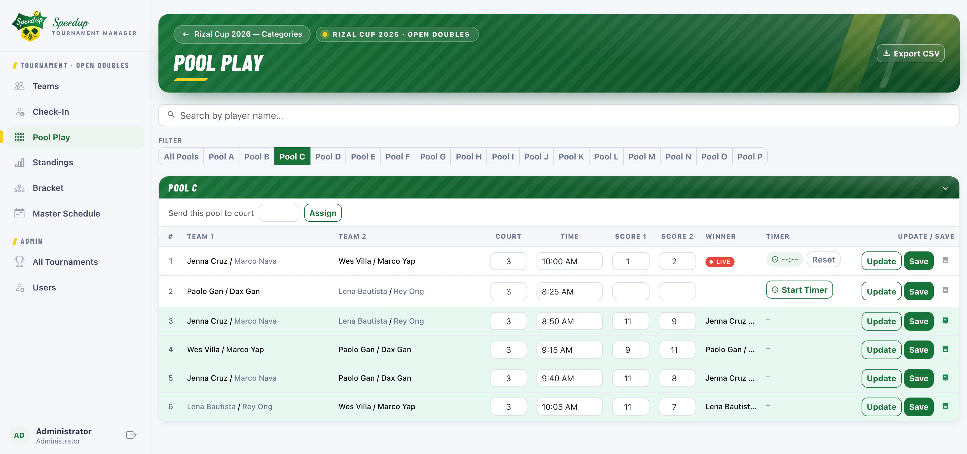 Speedup pool play schedule for one pool: round-robin matches with court, time, scores, winner and a running match timer, one match marked live
