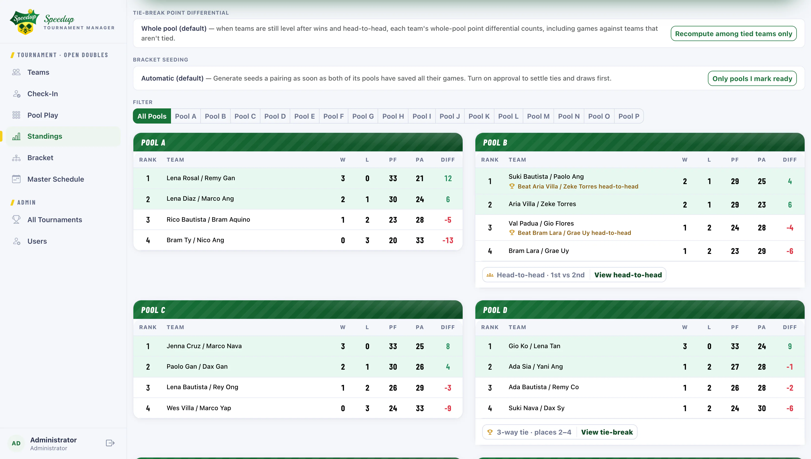 Speedup pool standings: tie-break and bracket-seeding settings above Pools A to D, with wins, losses, points and differential, the top two of each pool highlighted and head-to-head notes where a tie was decided