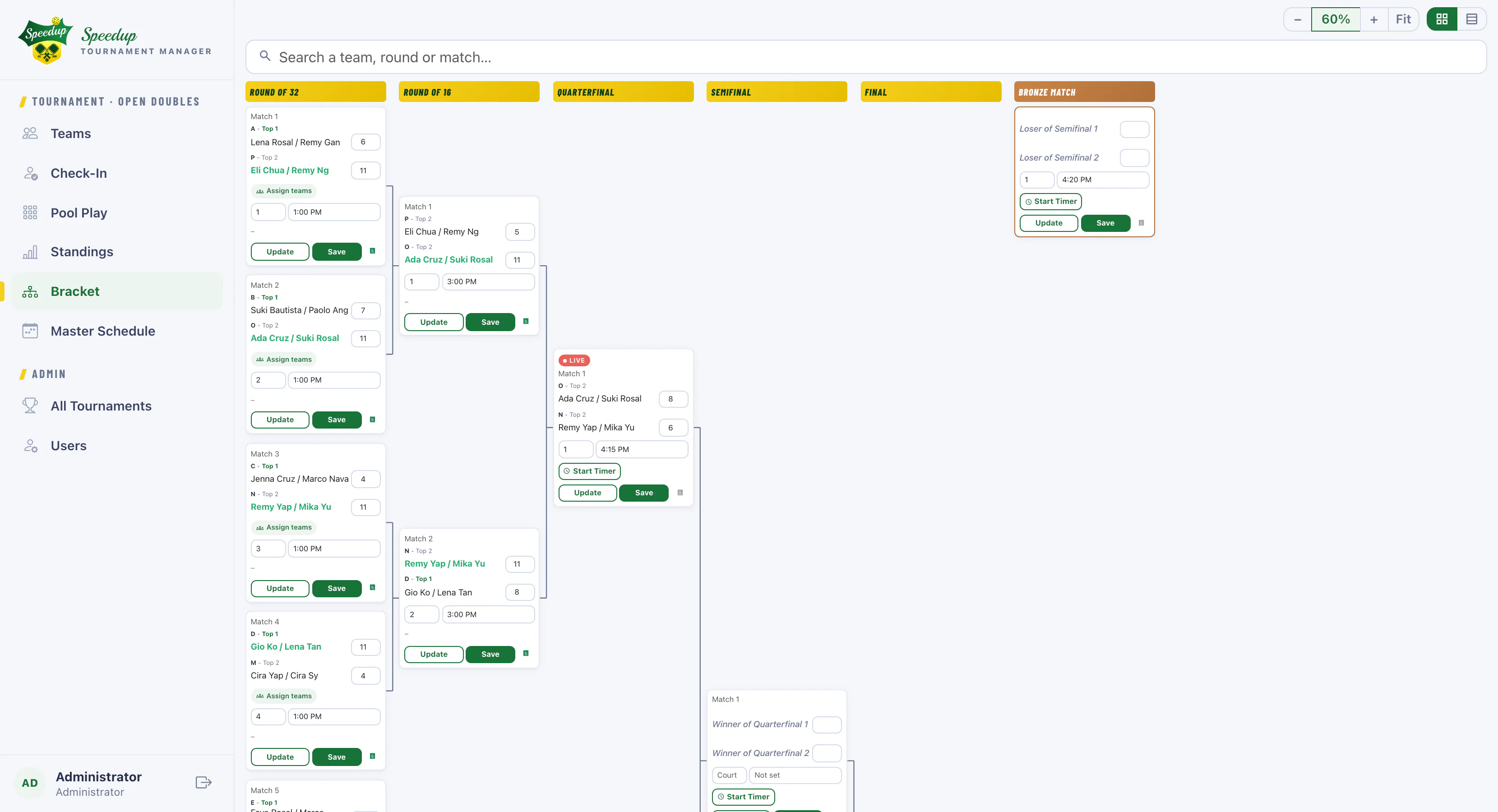 Speedup bracket: Round of 32 through the Final plus a Bronze match, with seeding labels and winners highlighted as they advance automatically