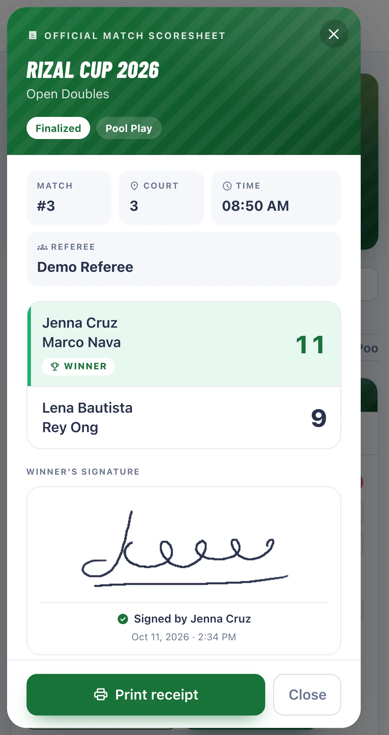 Speedup official match scoresheet: tournament and category, match number, court, time and referee, the final score with the winner marked, the winner's signature with a signed-by name and timestamp, and a Print receipt button