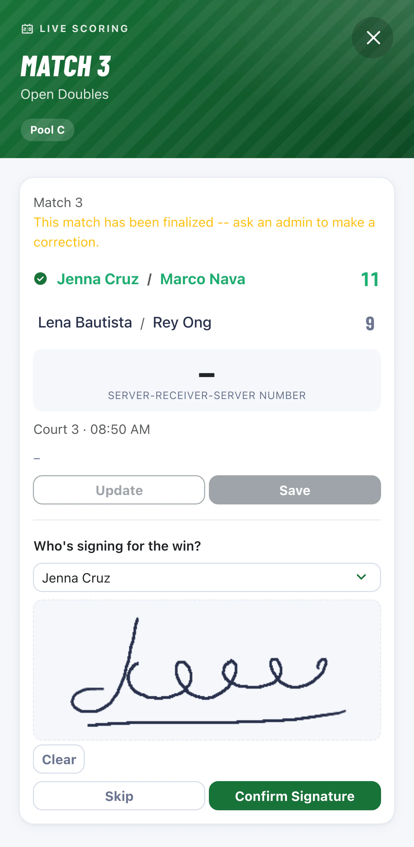 Speedup referee phone screen after a match is finalized: a 'Who's signing for the win?' prompt with a winning player selected, a signature drawn on the pad, and Clear, Skip and Confirm Signature buttons